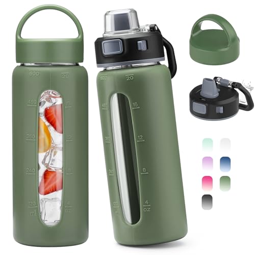 Kodrine 20oz Glass Water Bottle with Straw and 2 Lids Leakproof, Olive - color: Olive, size: 20 Ounces