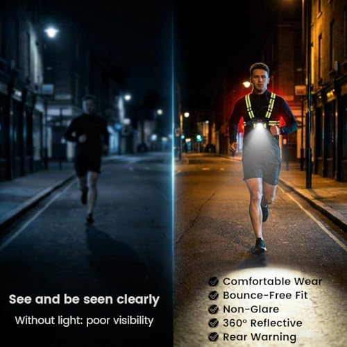 Running Lights for Runners, Waterproof Reflective Vest for Women, Reflective Running Vest with Rear Light, Adjustable 65° Beam & 6 Modes Running Light for Night Walking/Cycling/Jogging/Hiking