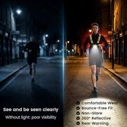 Running Lights for Runners, Waterproof Reflective Vest for Women, Reflective Running Vest with Rear Light, Adjustable 65° Beam & 6 Modes Running Light for Night Walking/Cycling/Jogging/Hiking