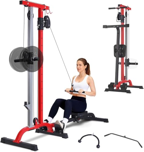 Takywep 2-in-1 Rowing Machine + LAT Pulldown Cable System for Home Gym - Adjustable High/Low Pulley, Seated Row Station, Compact Carbon Steel Full-Body Cardio & Strength Trainer - color: Black+Red