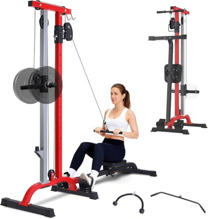 Takywep 2-in-1 Rowing Machine + LAT Pulldown Cable System for Home Gym - Adjustable High/Low Pulley, Seated Row Station, Compact Carbon Steel Full-Body Cardio & Strength Trainer - color: Black+Red