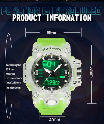 FANMIS Men's Analog Digital Sports Watch 50M LED Backlight Military Watch - color: Transparent Green