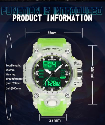 FANMIS Men's Analog Digital Sports Watch 50M LED Backlight Military Watch - color: Transparent Green