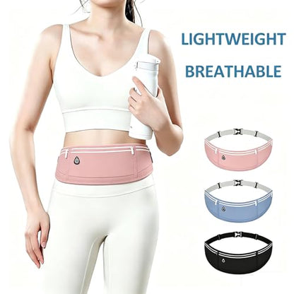 3-Pocket Running Belt Waist Pack, Anti-Shake Sweatproof Running Pouch, Ultra-Thin Adjustable Sports Belt for Men Women - color: Basic-Pastel Pink