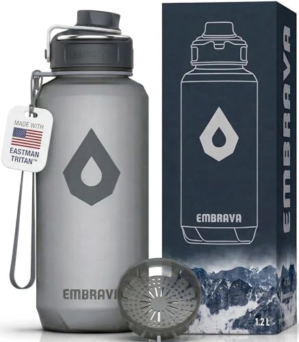 Embrava 40 oz Water Bottle - Large BPA Free Sports Bottle for Gym Hiking - Wide Mouth Leak Proof Fast Flow - Durable Reusable Tritan Plastic - Carry Ring - Sport Water Bottles for Men Women - color: Gray Frosted