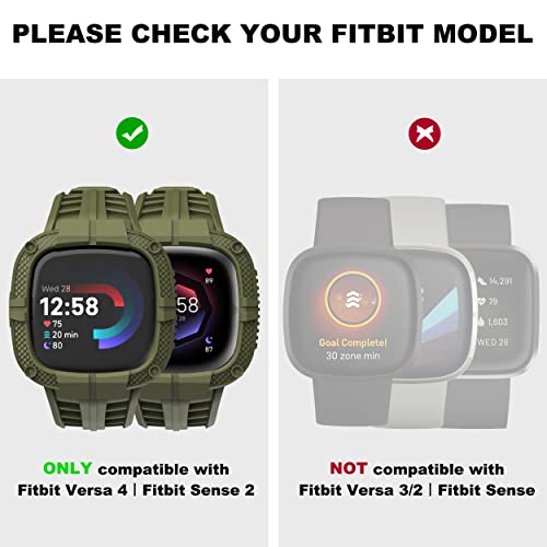 Compatible for Fitbit Versa 4/ Fitbit Sense 2 Bands Men, Rugged Protective Case with TPU Sport Band Smartwatch Wristband Army Green - color: Army Green