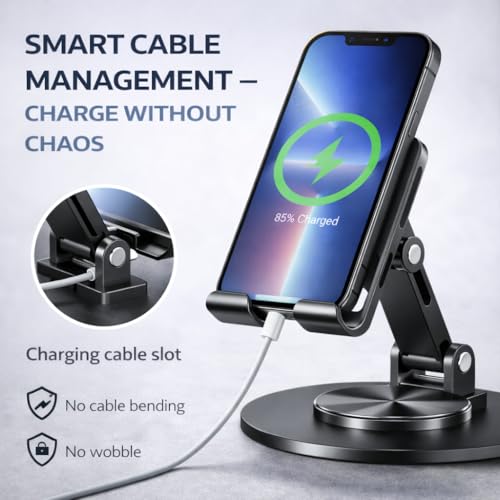 Mizi Universal Metal Phone Stand - 360°/720° Adjustable Rotation Desk Holder, Foldable & Stable with Non-Slip Weighted Base, Compatible with iPhone 17/16/15/14/13/12 Pro Max & All Smartphones - Grey - size: K73