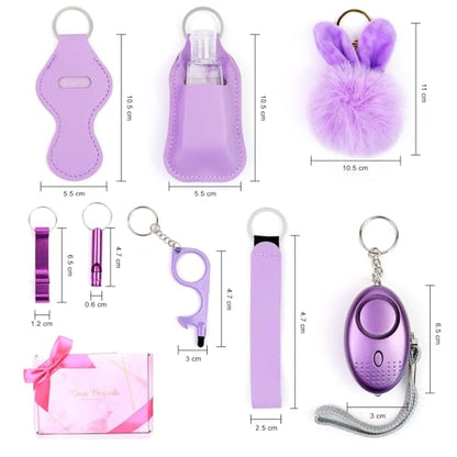 QINER Women Safety Keychain Set, 9 Pack Self Defense Kit with 130dB Personal Alarm - color: Purple