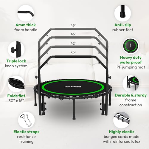 JUMPZYLLA Mini Rebounder Trampoline for Adults, Fitness Trampoline with Bar - color: Green, size: 48"