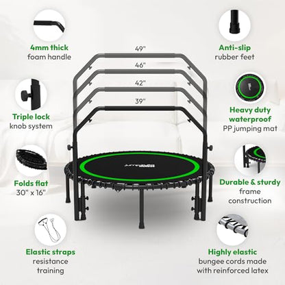 JUMPZYLLA Mini Rebounder Trampoline for Adults, Fitness Trampoline with Bar - color: Green, size: 48"
