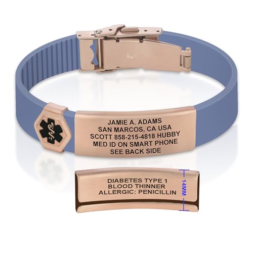 Divoti Custom Dual-Sided Engraved Silicone Medical Alert ID Wristband w/Security Clasp & Trim-to-Fit Band - Style - color: Carmella Blue / PVD Rose Gold / Black, size: Band Width - 13mm