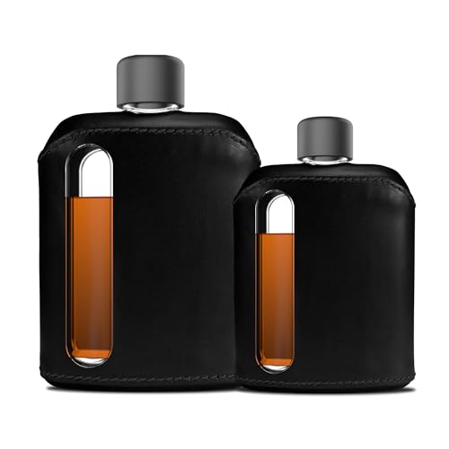 Ragproper Leather Glass Hip Flask Set for Men & Women – Durable Whiskey & Liquor Flasks, Single Shot 3.4oz (100ml) + Double Shot 8oz (240ml), Premium Genuine Leather Cover, Black - color: Leather Black, size: 2 Pack (3.4 + 8 oz)