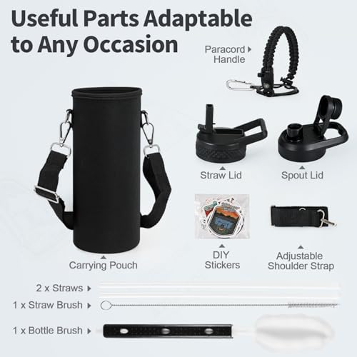 WixByti 20 oz Insulated Water Bottle with Straw, Stainless Steel Water Jug - color: Black, size: 20 Ounces