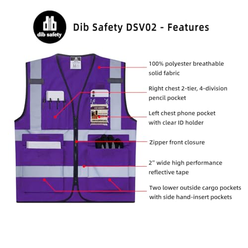 Dib Safety Hi Vis Reflective Safety Vest for Men Women with Pockets Zipper - color: Purple, size: Small