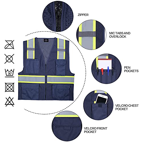 VENDACE Hi Vis Safety Reflective Mesh Vest for Men ANSI Class 2 High Visibility Vest with 8 Pockets and Zipper - color: Blue, size: X-Large