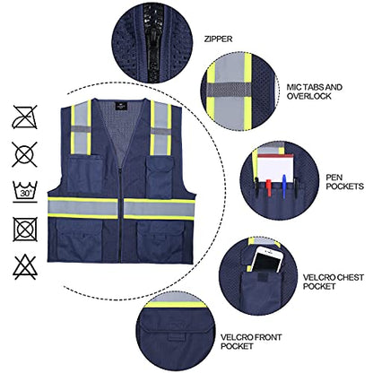 VENDACE Hi Vis Safety Reflective Mesh Vest for Men ANSI Class 2 High Visibility Vest with 8 Pockets and Zipper - color: Blue, size: XX-Large