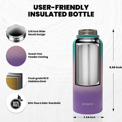 RAYMYLO Insulated Water Bottle 32 oz, Triple Wall Vacuum Stainless Steel - color: Green Pink Purple Gradient, size: 32 Ounces