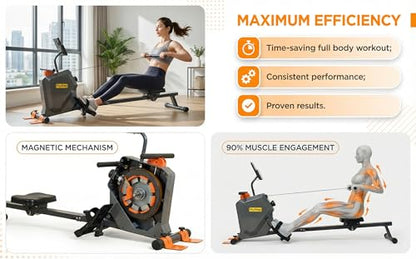 Magnetic Rowing Machine, Quiet Foldable Rower with 8-Level Resistance, LCD Monitor & Tablet Holder, Full-Body Low-Impact Cardio Equipment, Optional 2-in-1 Strength Training - color: Black/Gray/2-in-1 Strength Training