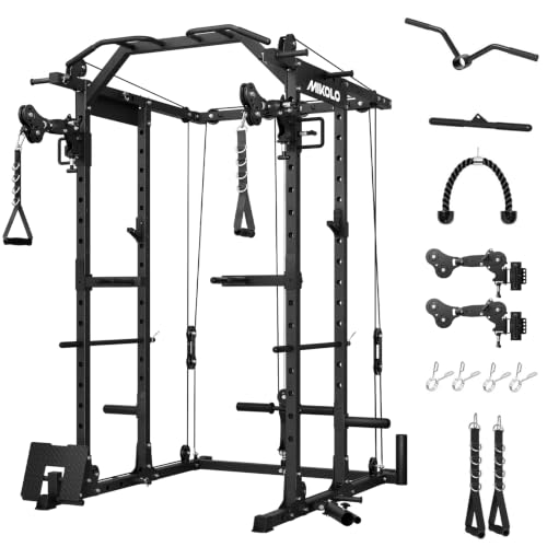 Mikolo Power Cage, Power Rack with Cable Crossover System, 1500LBS Squat Rack with LAT Pull Down System, Workout Cage with Pulley System for Fitness Home Gym - color: Black, style: Package with Pivot Arms