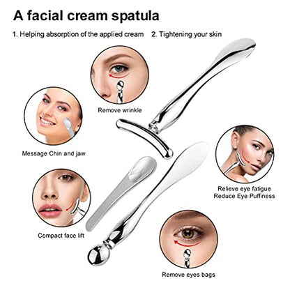 Pimoys 3-Piece Metal Eye Cream Applicator Tool, Roller, Spoon, Silver - color: Silver