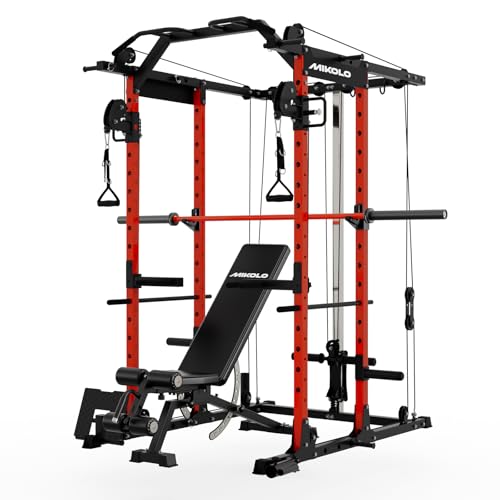 Mikolo Power Cage, Power Rack with Cable Crossover System, 1500LBS Squat Rack with LAT Pull Down System, Workout Cage with Pulley System for Fitness Home Gym - color: Red, style: Package with Bench＆Bar