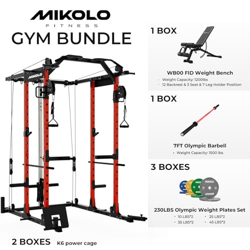 Mikolo Power Cage, Power Rack with Cable Crossover System, 1500LBS Squat Rack with LAT Pull Down System, Workout Cage with Pulley System for Fitness Home Gym - color: Red, style: Package with Color BP 230LB
