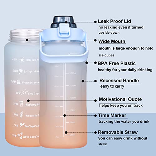 Large Motivational Water Bottle with Straw Time Marker BPA Free for Sport and Fitness (Blue Orange, 64 Oz / Half Gallon) - color: blue-orange