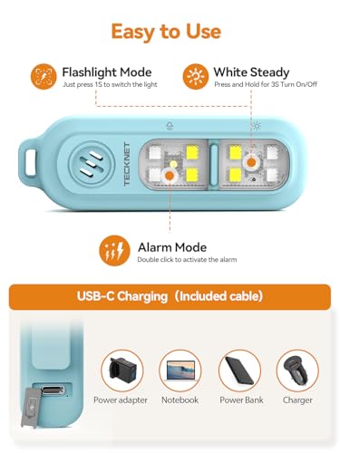 TECKNET Personal Safety Alarm 135dB with SOS Strobe Light for Women - Rechargeable& IPX4 Waterproof Running Lights with Clip On Torch & Low Battery Notice, Safety Siren for Running, Travel Kids, Blue - color: Blue