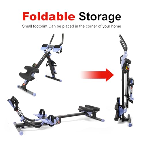 Tousains 3 in 1 Foldable Rowing Machine, AB Machine with 3 Level Angle & Led Monitor, Multi-Functional Rower Fitness Equipment Home Gym Full Body Fitness Machine - color: blue