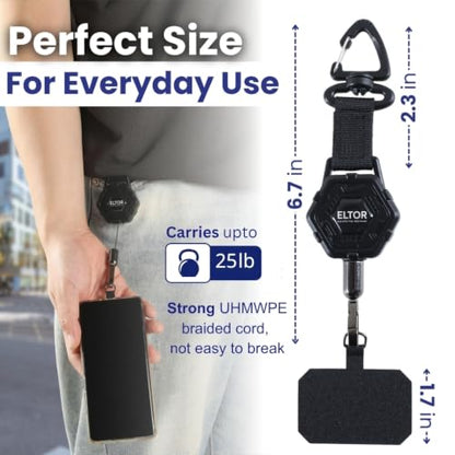 ELTOR 2-in-1 Phone Tether Anti Theft Belt Clip + Locking Carabiner Strong 31" Retractable Grade Cord Holds 25lb Anti-Drop Phone Lanyard for Skiing Hiking Fishing Travel & Daily Use