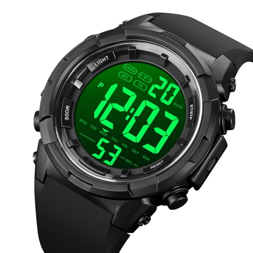 XCZAP Men's Black Digital Sports Watch, Large Face Military Tactical Watch, 5ATM Water Resistant, LED Backlight, Alarm, Stopwatch,Dual Time - color: ALL Black