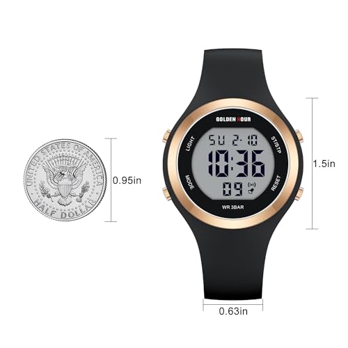 GOLDEN HOUR Waterproof Sport Women's Digital Chronograph Silicone Strap Watch - color: Black