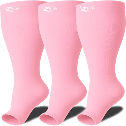 Zeta Wear Plus Size Compression Socks for Women and Men, Wide Calf Knee-High 15-19 mmHg Graduated Support, Easy-On Cuff, Fits Calves to 26 inch / 66 cm - color: 3 Pair - Pink, size: 2XL