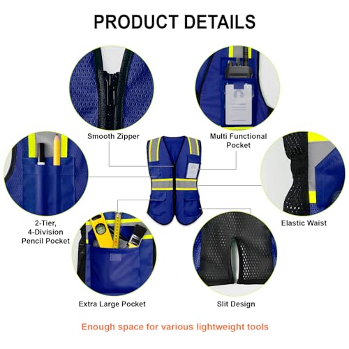 Safety Vest for Women 9 pockets Womens Safety Vest, Blue L - color: Blue, size: Large