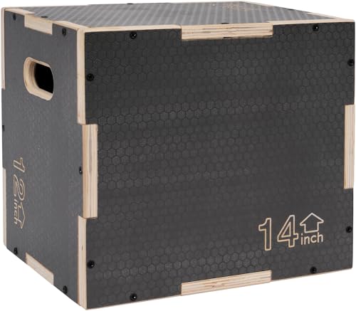 Signature Fitness Non-Slip Wooden Plyo Box Jump Exercise Platform, Plyometric Workout Equipment for Home Gym, Training Step Box, Multiple Sizes - color: Gray, size: 12x14x16"