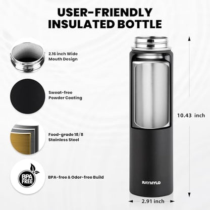 RAYMYLO Insulated Water Bottle 24 oz, Triple Wall Vacuum Stainless Steel - color: Magic Black, size: 24 Ounces