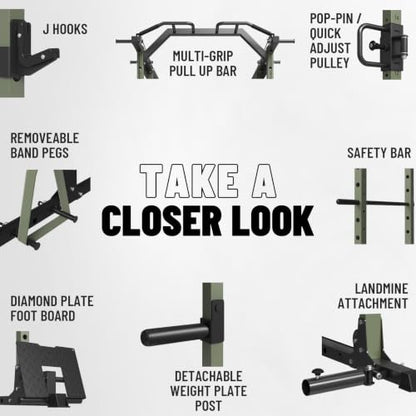 Mikolo Power Cage, Power Rack with Cable Crossover System, 1500LBS Squat Rack with LAT Pull Down System, Workout Cage with Pulley System for Fitness Home Gym - color: Green, style: Power Cage Only