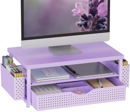 gianotter Desk Organizers and Accessories, Monitor Stand with Drawer and 2 Pen Holder, Desktop Organizer Suitable for Offices and Dormitories (Matte Purple) - color: Matte Purple