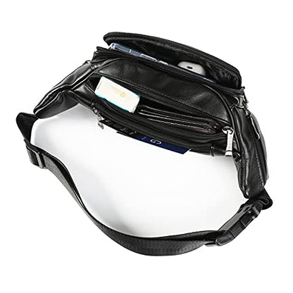 Black Leather Fanny Pack for Men & Women, Fashionable Multi-Pockets Waist Belt Bag for Travel Sports Hiking Cycling Fishing Running - color: 809#black