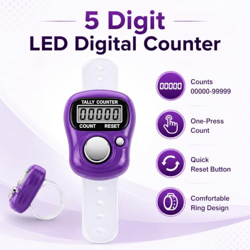 5 Digit LED Digital Row Counter, Handheld Tally Counter with Ring Electronic Click Counter for Golf and Lap Counting - color: Purple