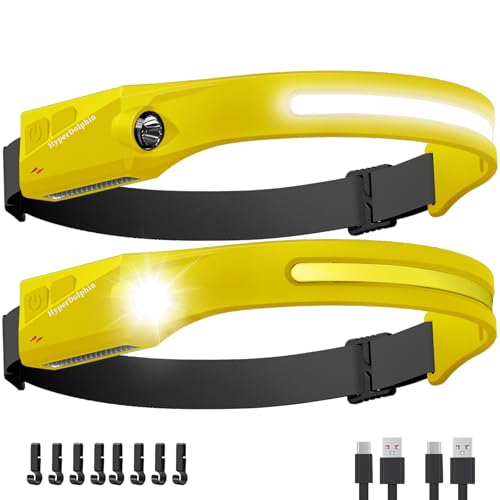 Headlamp Rechargeable LED (2-Pack, Yellow) 230° Wide Beam, USB-C Lightweight Head Lamp, Long Runtime, Water-Resistant for Camping, Hiking, Running, Fishing, Repair Work - color: Yellow