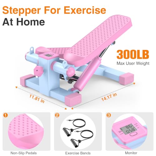 HCOIW Mini Stepper for Exercise at Home,Stair Stepper with Resistance Bands | Compact Stepping Machine with 300 lb Weight Capacity, Full Body Workout Equipment for Legs, Glutes & Cardio - color: Pink and Blue
