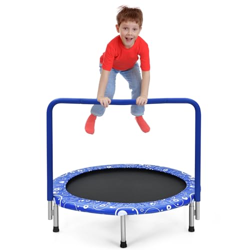 GYMAX Indoor Trampoline, 36” ASTM Approved Kids Trampoline with Removable Handrails & Safety Pad, Spring-Free Folding Mini Rebounder, Small Fitness Trampoline for Toddler/Adults - color: Blue