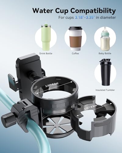 3-in-1 Universal Wheelchair Cup Holder for Walker, 360° Rotating Phone Holder with 2 Drink Holder for Bike, Rollator, Stroller, Scooter, Seniors, Bicycle, Safe and Stable, Black