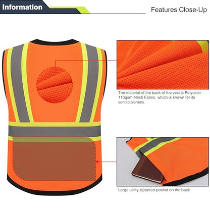 Gasoline Class 2 High Visibility Reflective Safety Vests Women & Men With 5 Pockets And Zipper Front,Meets Ansi/Isea - color: Orange Black, size: 4X-Large