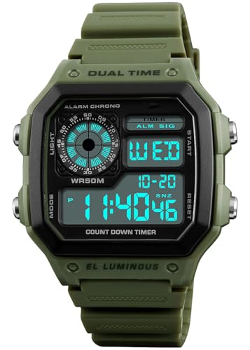 PASOY Men's Digital Sport Watch Waterproof Dual Time Stopwatch Countdown - color: Rubber/Green