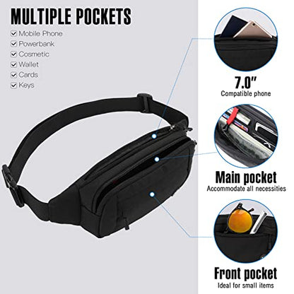 WATERFLY Small Fanny Pack Crossbody Lightweight Waist Bag for Woman Man - color: Pure Black