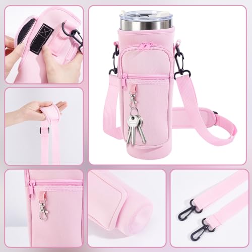 2Pcs Water Bottle Carrier Bag with Phone Pocket Adjustable Strap 40oz Thumbler Neoprene Sports Water Bottle Holder Pouch with 3 Pockets Soft Sponge Padding for Walking Hiking Camping Pink - color: Pink