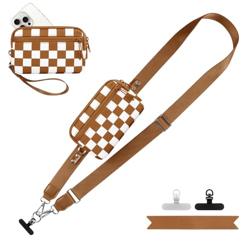 YFWE Clip and Go Strap for Phone with Wallet Crossbody, Adjustable Phone Lanyard with Detachable RFID Wristlet Wallet, Phone Strap with Phone Tabs for All Phones, Bronze Checkered (L) - color: Bronze Checkered, size: Large