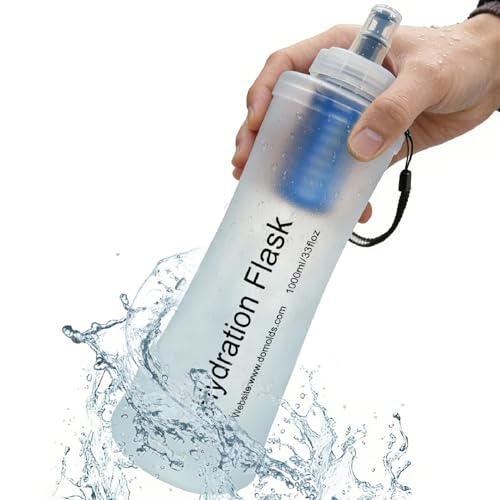 AXEN Collapsible Water Bottle with Filter System, Soft Hydration Flask for Trail Running, Camping, Hiking, Cycling, 1L Clear - color: Translucent White-1000ml